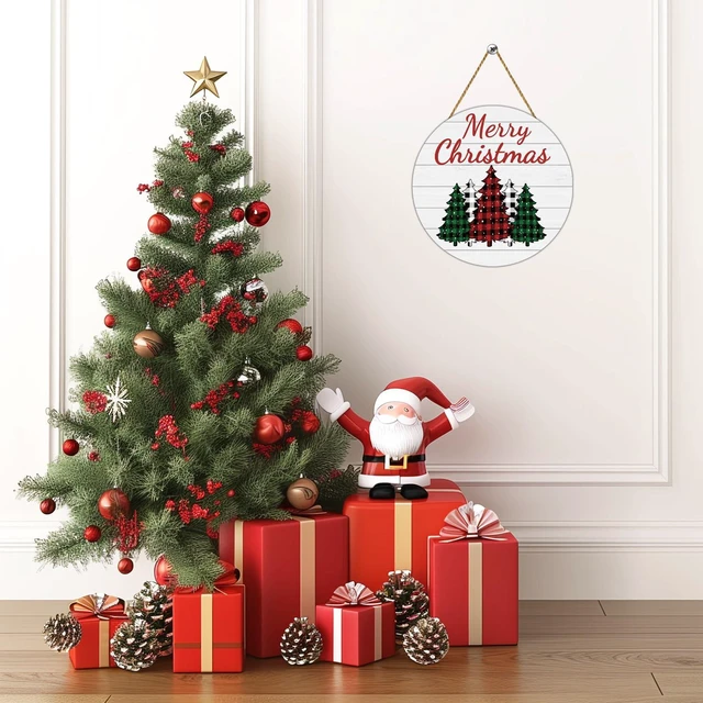 Alt view image 6 of 7 - Christmas Decorations Indoor Christmas Wreath Christmas Door Decorations | Tree Merry Christmas Sign Buffalo Plaid Christmas Decor Wooden Wreaths for Front Door Hanger for Porch Wall Indoor Home Decor