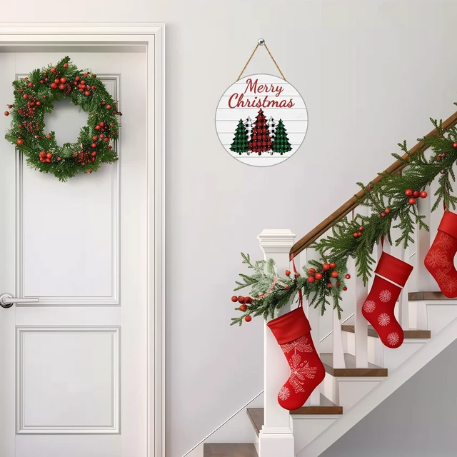Alt view image 7 of 7 - Christmas Decorations Indoor Christmas Wreath Christmas Door Decorations | Tree Merry Christmas Sign Buffalo Plaid Christmas Decor Wooden Wreaths for Front Door Hanger for Porch Wall Indoor Home Decor