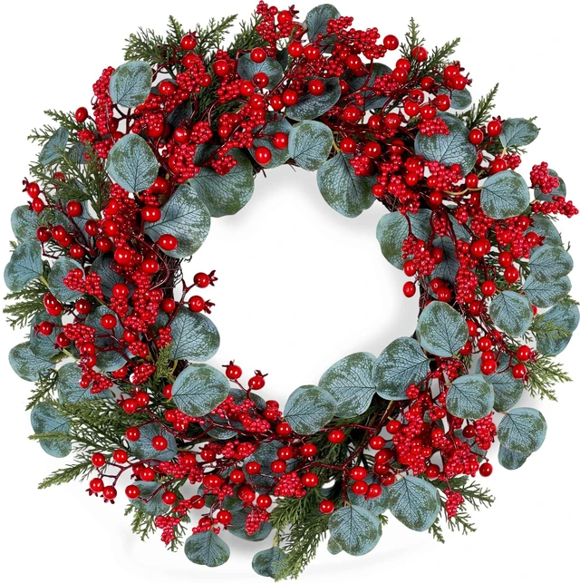 Main image of Artificial Christmas Wreath 22inch Christmas Wreaths for Front Door Xmas Red Berry Wreath with Eucalyptus Leaves Pine Needles Red Berries for Wall Farmhouse Window Winter Holidays