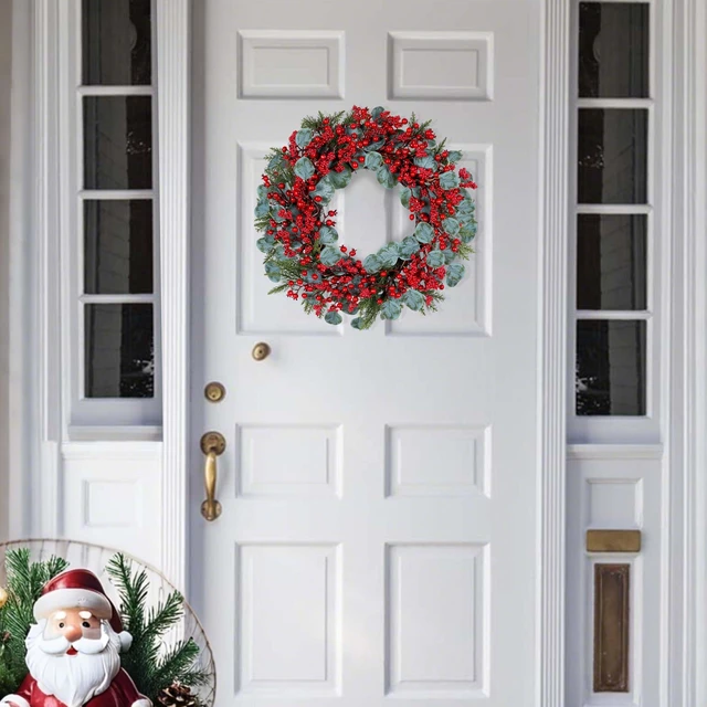Alt view image 2 of 7 - Artificial Christmas Wreath 22inch Christmas Wreaths for Front Door Xmas Red Berry Wreath with Eucalyptus Leaves Pine Needles Red Berries for Wall Farmhouse Window Winter Holidays