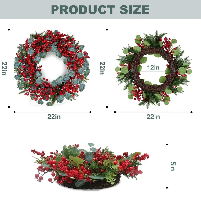Alt view image 4 of 7 - Artificial Christmas Wreath 22inch Christmas Wreaths for Front Door Xmas Red Berry Wreath with Eucalyptus Leaves Pine Needles Red Berries for Wall Farmhouse Window Winter Holidays