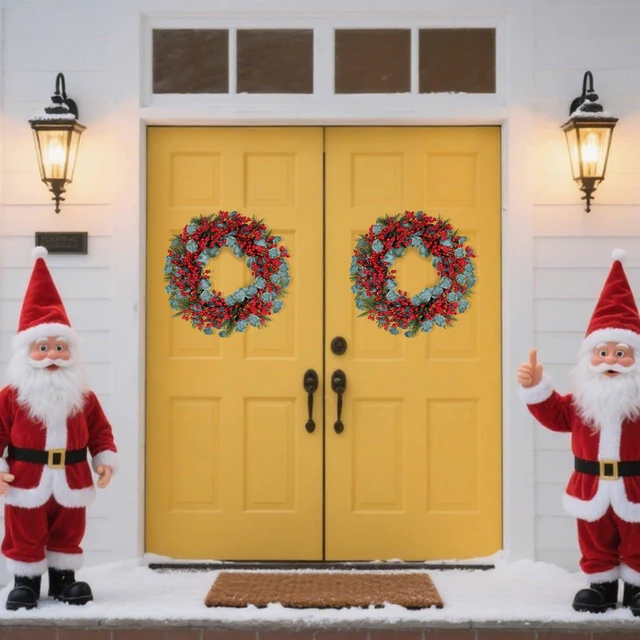 Alt view image 3 of 7 - Artificial Christmas Wreath 22inch Christmas Wreaths for Front Door Xmas Red Berry Wreath with Eucalyptus Leaves Pine Needles Red Berries for Wall Farmhouse Window Winter Holidays
