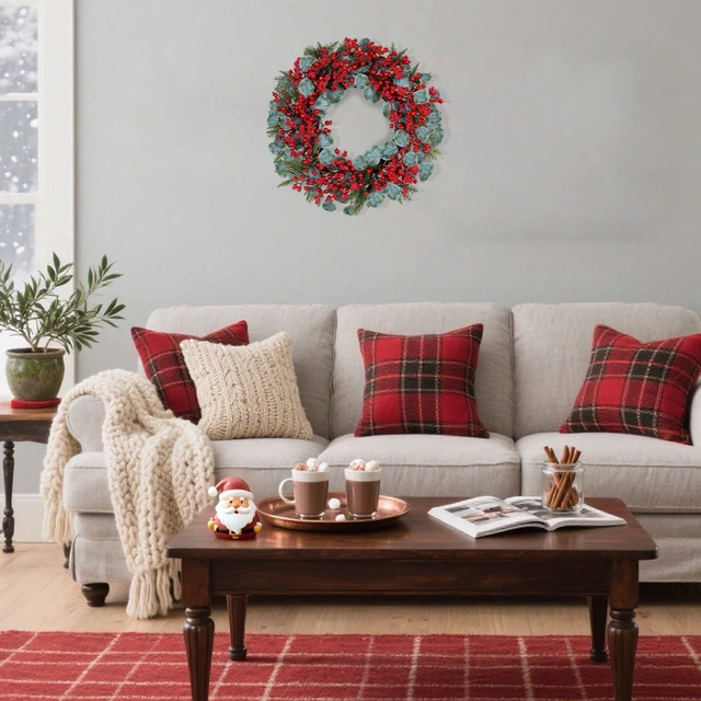 Alt view image 6 of 7 - Artificial Christmas Wreath 22inch Christmas Wreaths for Front Door Xmas Red Berry Wreath with Eucalyptus Leaves Pine Needles Red Berries for Wall Farmhouse Window Winter Holidays