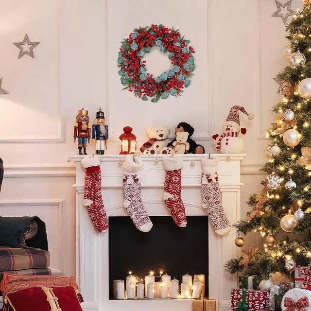 Alt view image 7 of 7 - Artificial Christmas Wreath 22inch Christmas Wreaths for Front Door Xmas Red Berry Wreath with Eucalyptus Leaves Pine Needles Red Berries for Wall Farmhouse Window Winter Holidays
