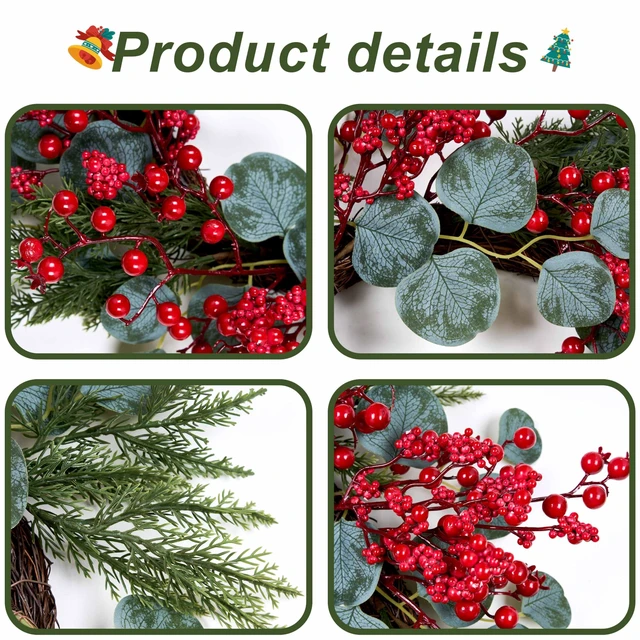 Alt view image 5 of 7 - Artificial Christmas Wreath 22inch Christmas Wreaths for Front Door Xmas Red Berry Wreath with Eucalyptus Leaves Pine Needles Red Berries for Wall Farmhouse Window Winter Holidays
