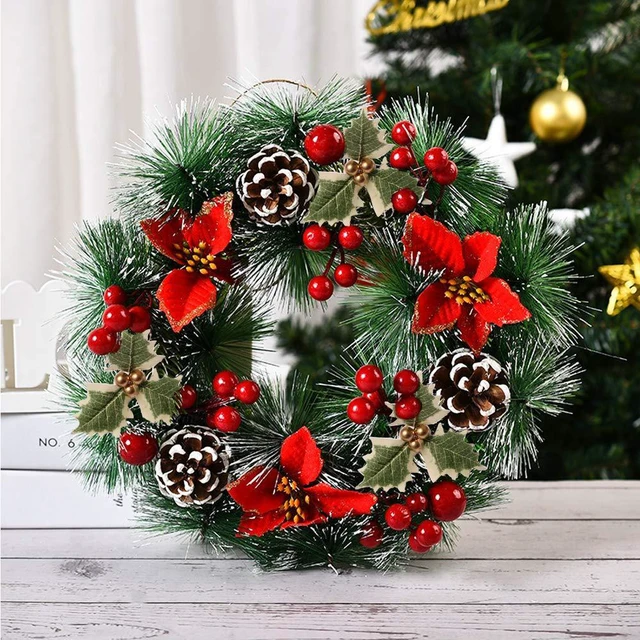 Main image of Christmas Wreaths for Front Door Xmas Art Decorations Thanksgiving Day Indoor Outdoor Home Decorative Wreath Three Red Flowers Pine Cones Fruits Leaves Snowflakes Wreaths Wall Window Door Wreath