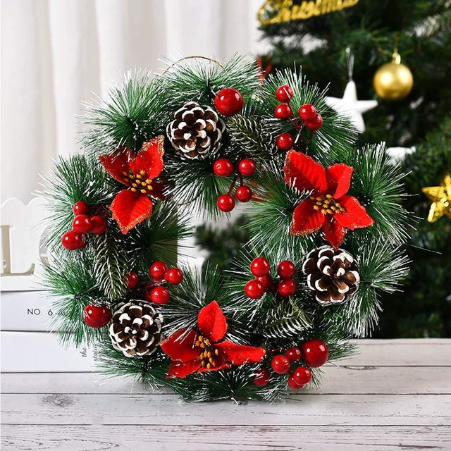Alt view image 2 of 4 - Christmas Wreaths for Front Door Xmas Art Decorations Thanksgiving Day Indoor Outdoor Home Decorative Wreath Three Red Flowers Pine Cones Fruits Leaves Snowflakes Wreaths Wall Window Door Wreath