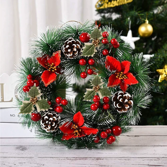 Alt view image 3 of 4 - Christmas Wreaths for Front Door Xmas Art Decorations Thanksgiving Day Indoor Outdoor Home Decorative Wreath Three Red Flowers Pine Cones Fruits Leaves Snowflakes Wreaths Wall Window Door Wreath