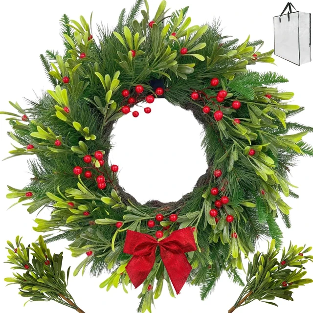 Main image of 24 Inch Winter Greenery Wreath for Front Door Artificial Pine & Red Berry Wreath with Removable Branches and Red Bow, Includes Storage Bag, Farmhouse Seasonal Door Decor for Home Wall or Porch