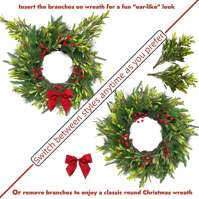 Alt view image 2 of 7 - 24 Inch Winter Greenery Wreath for Front Door Artificial Pine & Red Berry Wreath with Removable Branches and Red Bow, Includes Storage Bag, Farmhouse Seasonal Door Decor for Home Wall or Porch