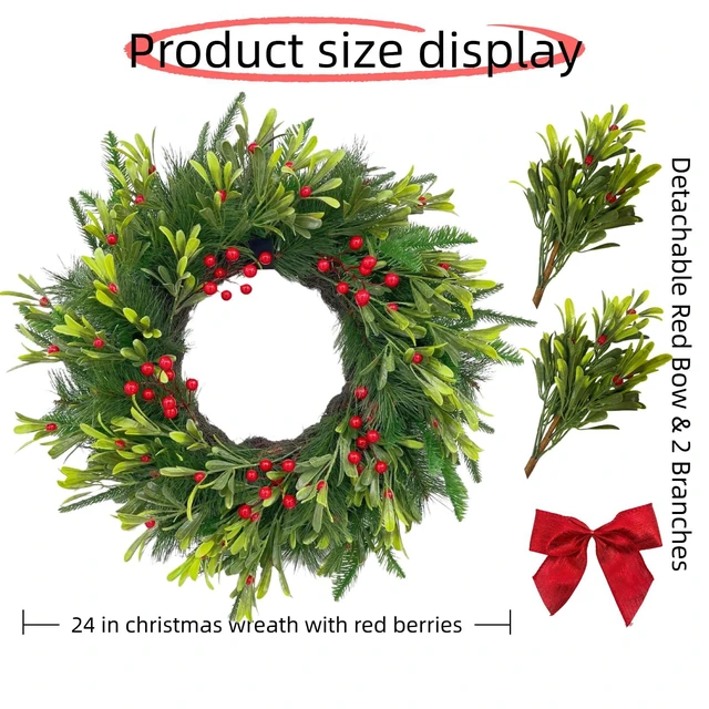 Alt view image 4 of 7 - 24 Inch Winter Greenery Wreath for Front Door Artificial Pine & Red Berry Wreath with Removable Branches and Red Bow, Includes Storage Bag, Farmhouse Seasonal Door Decor for Home Wall or Porch