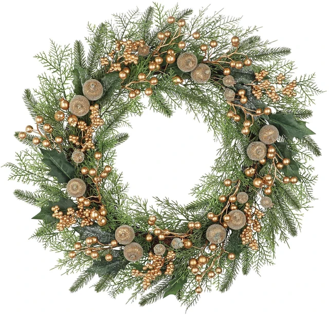 Main image of Artificial Christmas Wreath for Front Door - 24 Inch Winter Wreaths with Gold Berries & Frosted Apples Faux Greenery for Wall Window Porch Farmhouse Home Holiday Indoor Outdoor Decor