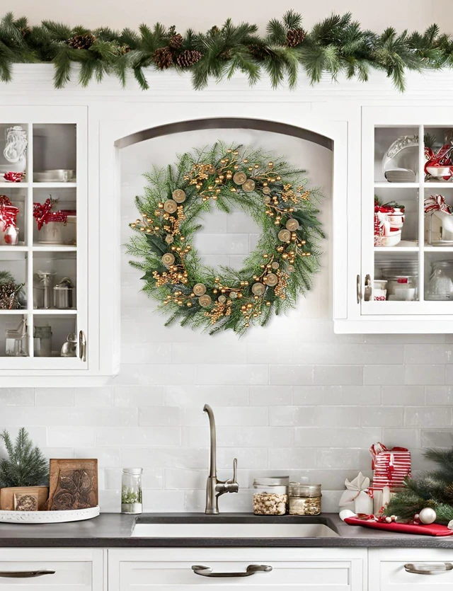 Alt view image 3 of 6 - Artificial Christmas Wreath for Front Door - 24 Inch Winter Wreaths with Gold Berries & Frosted Apples Faux Greenery for Wall Window Porch Farmhouse Home Holiday Indoor Outdoor Decor