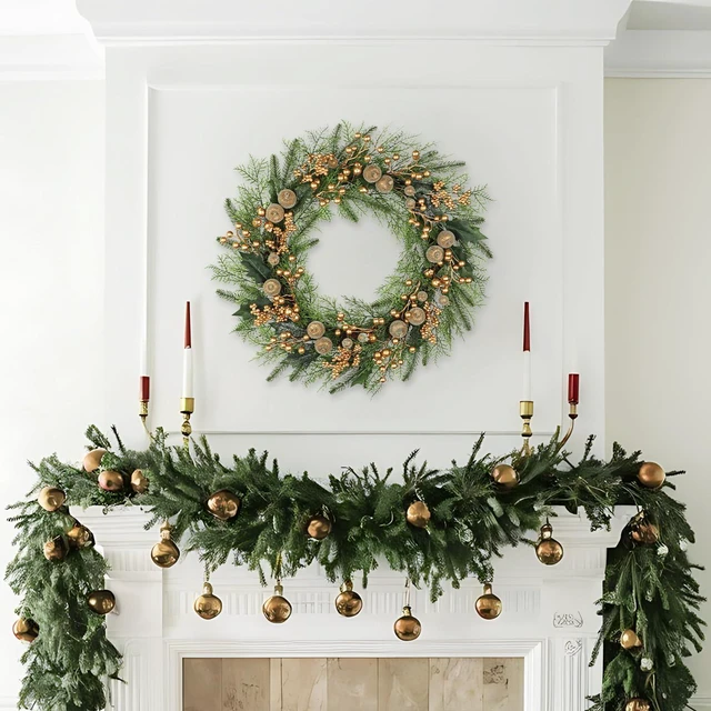 Alt view image 4 of 6 - Artificial Christmas Wreath for Front Door - 24 Inch Winter Wreaths with Gold Berries & Frosted Apples Faux Greenery for Wall Window Porch Farmhouse Home Holiday Indoor Outdoor Decor