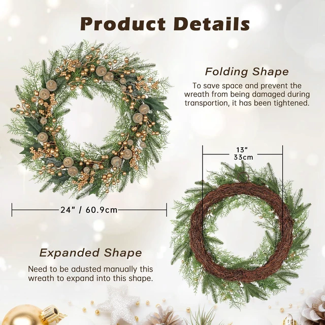 Alt view image 5 of 6 - Artificial Christmas Wreath for Front Door - 24 Inch Winter Wreaths with Gold Berries & Frosted Apples Faux Greenery for Wall Window Porch Farmhouse Home Holiday Indoor Outdoor Decor