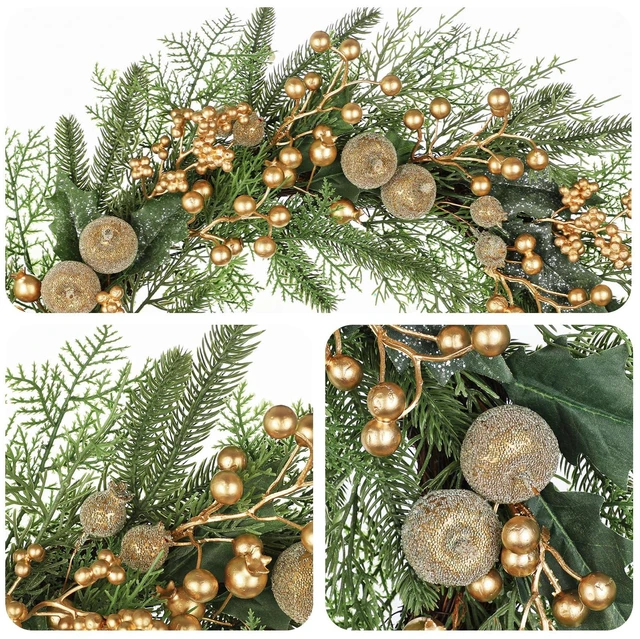 Alt view image 6 of 6 - Artificial Christmas Wreath for Front Door - 24 Inch Winter Wreaths with Gold Berries & Frosted Apples Faux Greenery for Wall Window Porch Farmhouse Home Holiday Indoor Outdoor Decor