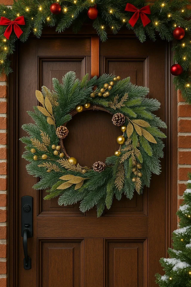 Main image of 26inch Gold Wreath for Porch Front Door Mantle and Fireplace Wrapped Grapevine with Ornaments Snow Pinecones Winter Season Home Decor