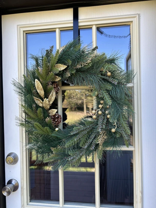 Alt view image 4 of 6 - 26inch Gold Wreath for Porch Front Door Mantle and Fireplace Wrapped Grapevine with Ornaments Snow Pinecones Winter Season Home Decor