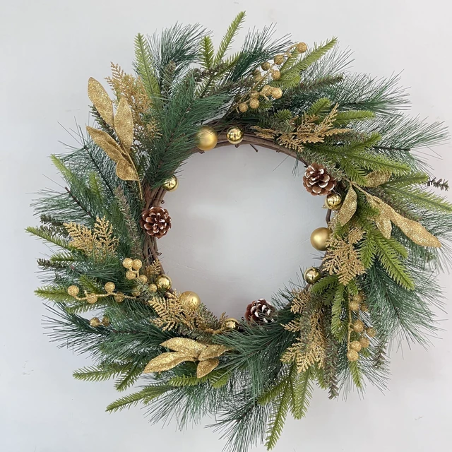 Alt view image 2 of 6 - 26inch Gold Wreath for Porch Front Door Mantle and Fireplace Wrapped Grapevine with Ornaments Snow Pinecones Winter Season Home Decor