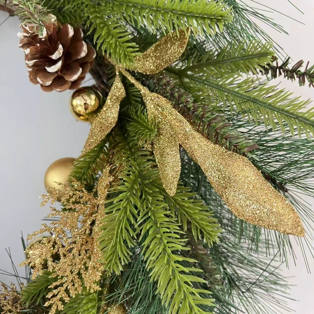 Alt view image 5 of 6 - 26inch Gold Wreath for Porch Front Door Mantle and Fireplace Wrapped Grapevine with Ornaments Snow Pinecones Winter Season Home Decor