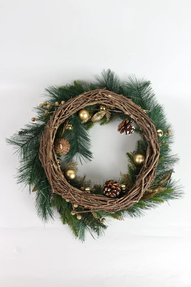 Alt view image 6 of 6 - 26inch Gold Wreath for Porch Front Door Mantle and Fireplace Wrapped Grapevine with Ornaments Snow Pinecones Winter Season Home Decor