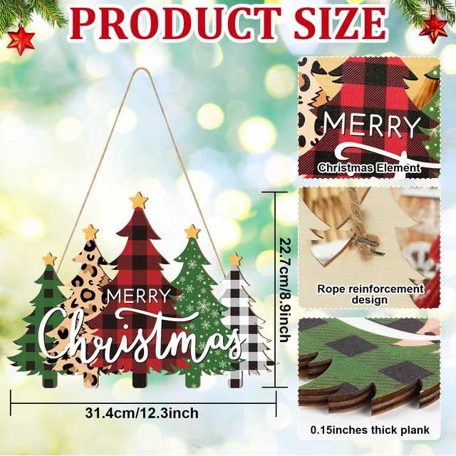 Alt view image 2 of 7 - Wooden Christmas Tree Door Wreath for Front Door Sign Wall Signs, Merry Christmas Sign Black White Buffalo Plaid Welcome Hanging for Home Wall Decor Xmas Party Outdoor Indoor Supply