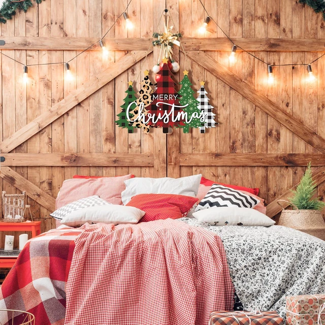Alt view image 3 of 7 - Wooden Christmas Tree Door Wreath for Front Door Sign Wall Signs, Merry Christmas Sign Black White Buffalo Plaid Welcome Hanging for Home Wall Decor Xmas Party Outdoor Indoor Supply