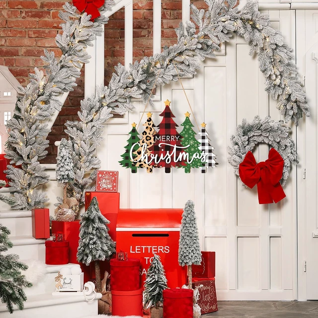 Alt view image 4 of 7 - Wooden Christmas Tree Door Wreath for Front Door Sign Wall Signs, Merry Christmas Sign Black White Buffalo Plaid Welcome Hanging for Home Wall Decor Xmas Party Outdoor Indoor Supply