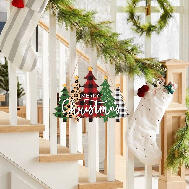 Alt view image 6 of 7 - Wooden Christmas Tree Door Wreath for Front Door Sign Wall Signs, Merry Christmas Sign Black White Buffalo Plaid Welcome Hanging for Home Wall Decor Xmas Party Outdoor Indoor Supply