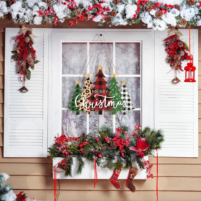 Alt view image 5 of 7 - Wooden Christmas Tree Door Wreath for Front Door Sign Wall Signs, Merry Christmas Sign Black White Buffalo Plaid Welcome Hanging for Home Wall Decor Xmas Party Outdoor Indoor Supply