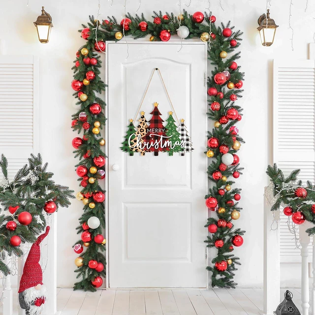 Alt view image 7 of 7 - Wooden Christmas Tree Door Wreath for Front Door Sign Wall Signs, Merry Christmas Sign Black White Buffalo Plaid Welcome Hanging for Home Wall Decor Xmas Party Outdoor Indoor Supply