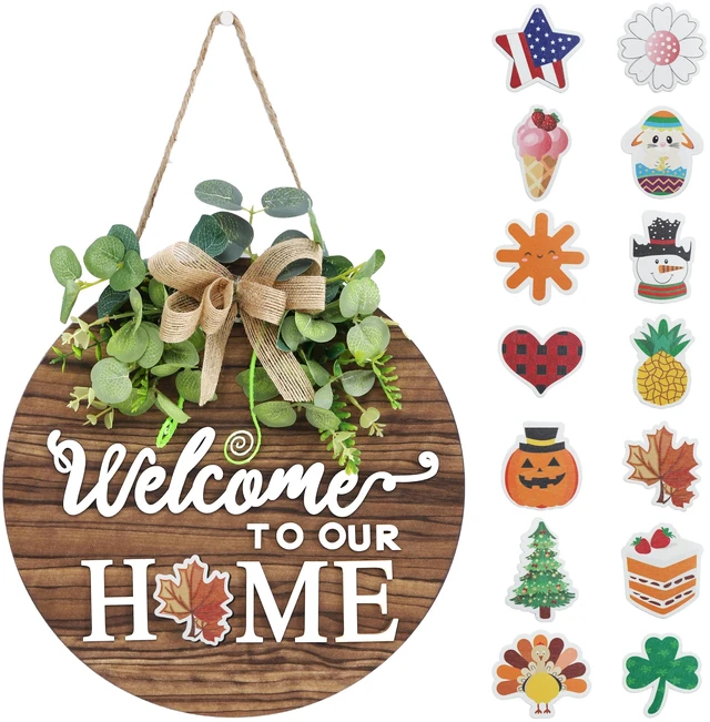 Main image of Interchange Welcome Sign Front Door Wreaths for Spring Fall Summer Winter | Rustic Wood Wreaths for Wall Home House Warming gifts Outdoor Farmhouse Porch All Seasons Holiday Halloween Christmas