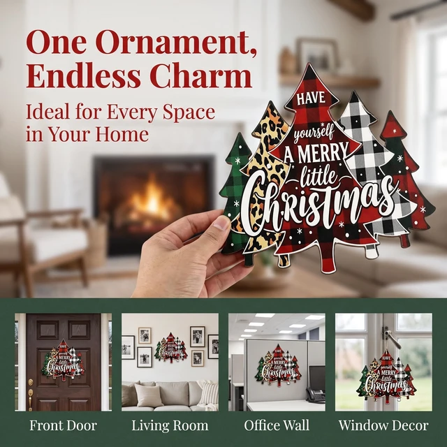 Alt view image 2 of 7 - 1 Pack Christmas Wreath Front Door Decor, Wooden Sign Decoration | Hanging wall decoration, Buffalo plaid and leopard patterns, Festive holiday home porch ornament, 100% High quality wood