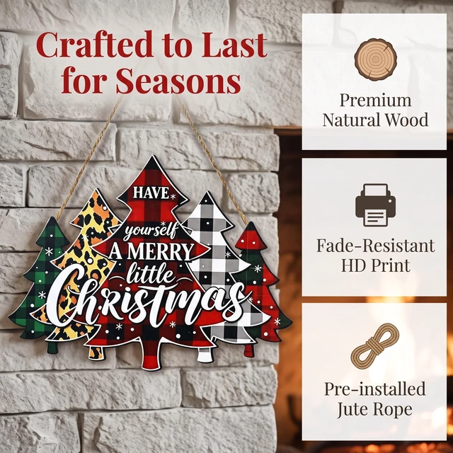 Alt view image 4 of 7 - 1 Pack Christmas Wreath Front Door Decor, Wooden Sign Decoration | Hanging wall decoration, Buffalo plaid and leopard patterns, Festive holiday home porch ornament, 100% High quality wood