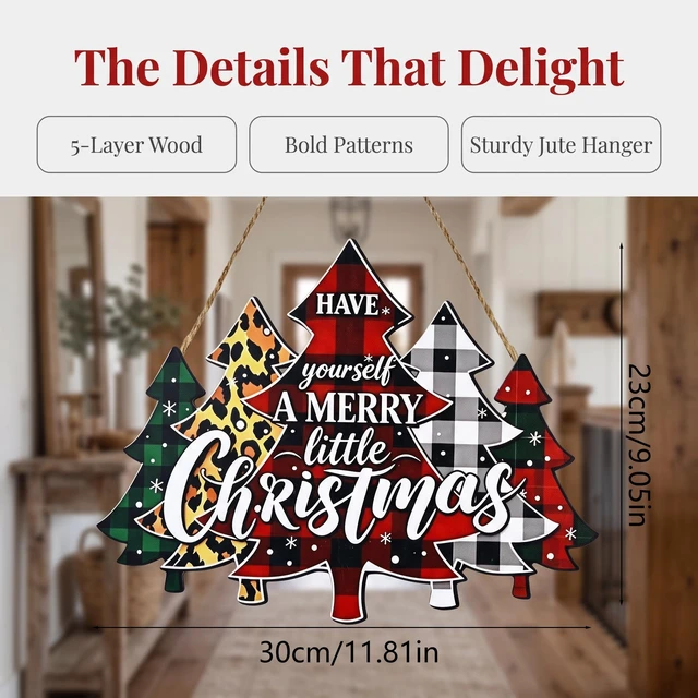 Alt view image 6 of 7 - 1 Pack Christmas Wreath Front Door Decor, Wooden Sign Decoration | Hanging wall decoration, Buffalo plaid and leopard patterns, Festive holiday home porch ornament, 100% High quality wood