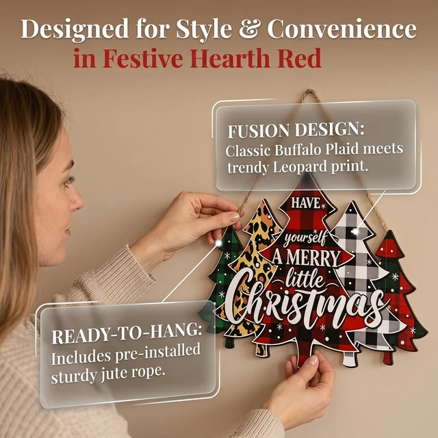 Alt view image 7 of 7 - 1 Pack Christmas Wreath Front Door Decor, Wooden Sign Decoration | Hanging wall decoration, Buffalo plaid and leopard patterns, Festive holiday home porch ornament, 100% High quality wood