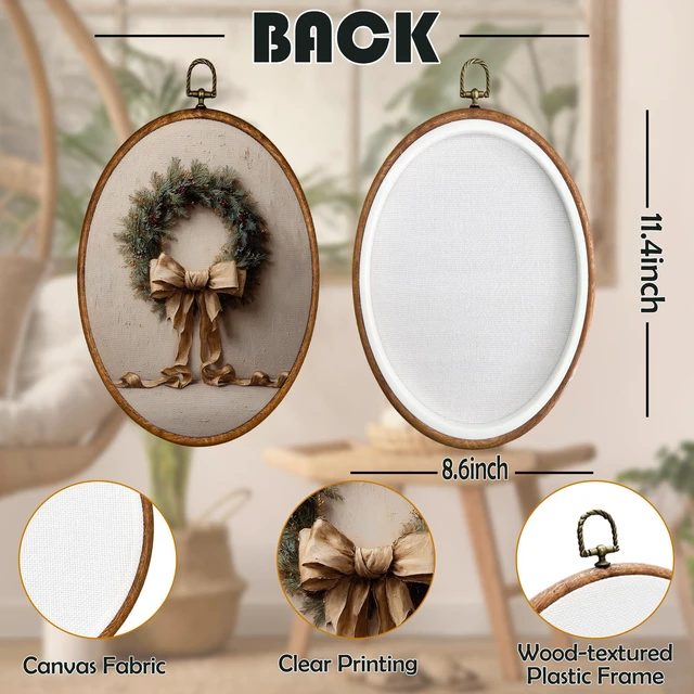 Alt view image 7 of 7 - Vintage Christmas Wreath Oval Wall Art Decor 8.6"x11.4" | Retro Beige Ribbon Wall Art Canvas Frame Artwork Prints, Rustic Xmas Holiday Oval Wall Hanging Decorations for Home Gallery
