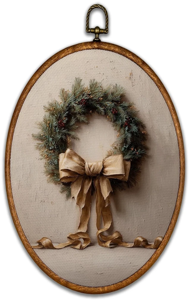 Main image of Vintage Christmas Wreath Oval Wall Art Decor 8.6"x11.4" | Retro Beige Ribbon Wall Art Canvas Frame Artwork Prints, Rustic Xmas Holiday Oval Wall Hanging Decorations for Home Gallery