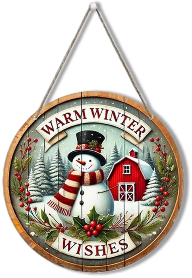 Main image of Christmas Wreath 12Inch Winter Door Sign Snowman Snowflake Wooden Hanging Wreath Welcome Sign Home Porch Farmhouse Decor