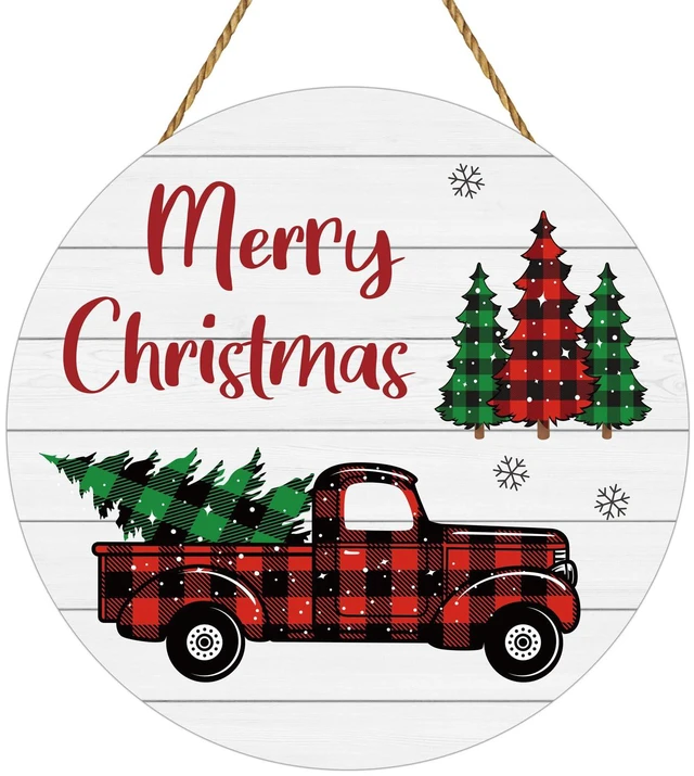 Main image of Christmas Decorations Indoor Christmas Door Decorations Truck Wall Decor | Merry Christmas Sign Buffalo Plaid Christmas Decor Wooden Wreaths for Front Door Hanger for Porch Wall Indoor Home Decor