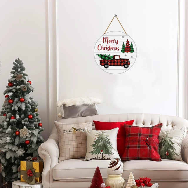 Alt view image 4 of 7 - Christmas Decorations Indoor Christmas Door Decorations Truck Wall Decor | Merry Christmas Sign Buffalo Plaid Christmas Decor Wooden Wreaths for Front Door Hanger for Porch Wall Indoor Home Decor