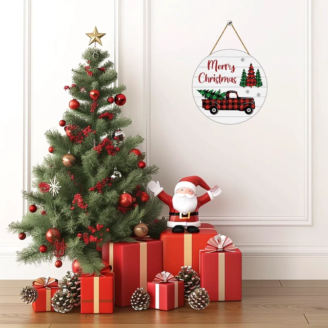 Alt view image 6 of 7 - Christmas Decorations Indoor Christmas Door Decorations Truck Wall Decor | Merry Christmas Sign Buffalo Plaid Christmas Decor Wooden Wreaths for Front Door Hanger for Porch Wall Indoor Home Decor