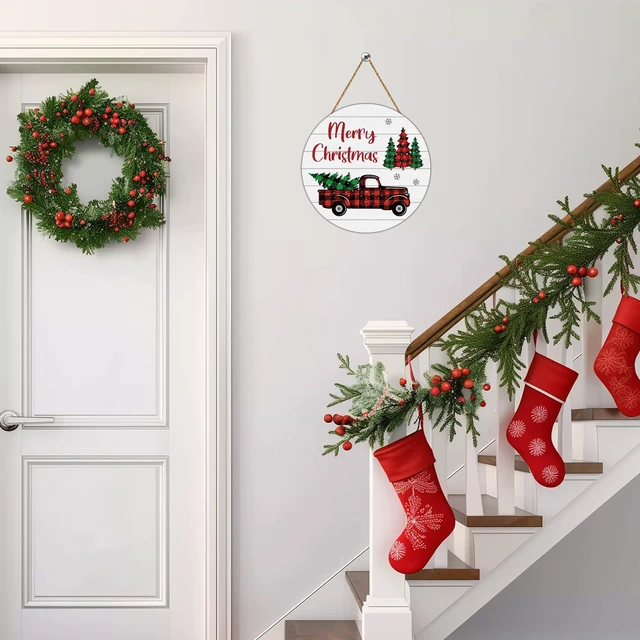 Alt view image 7 of 7 - Christmas Decorations Indoor Christmas Door Decorations Truck Wall Decor | Merry Christmas Sign Buffalo Plaid Christmas Decor Wooden Wreaths for Front Door Hanger for Porch Wall Indoor Home Decor