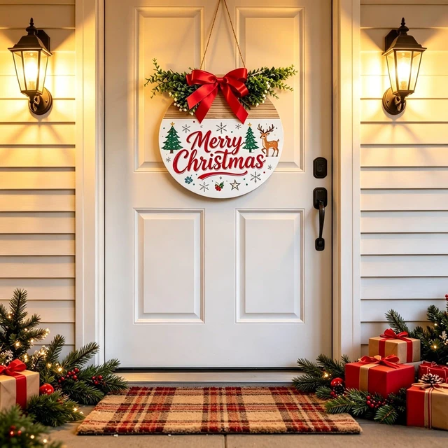 Alt view image 2 of 7 - 12 Inch Wooden Christmas Door Hanger Santa Reindeer Wreath Front Door Sign | With Red Bow, Pine Greenery, Indoor & Outdoor Wall Hanging Decor for Porch, Window Christmas Decorations