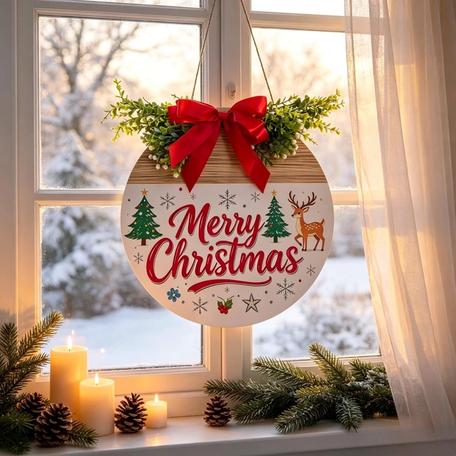 Alt view image 3 of 7 - 12 Inch Wooden Christmas Door Hanger Santa Reindeer Wreath Front Door Sign | With Red Bow, Pine Greenery, Indoor & Outdoor Wall Hanging Decor for Porch, Window Christmas Decorations