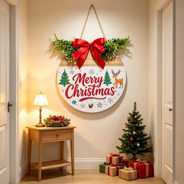 Alt view image 4 of 7 - 12 Inch Wooden Christmas Door Hanger Santa Reindeer Wreath Front Door Sign | With Red Bow, Pine Greenery, Indoor & Outdoor Wall Hanging Decor for Porch, Window Christmas Decorations