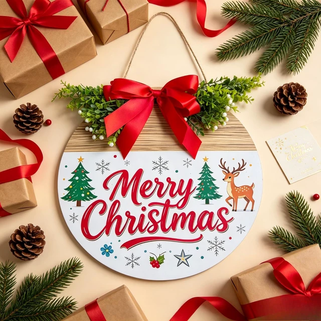 Alt view image 5 of 7 - 12 Inch Wooden Christmas Door Hanger Santa Reindeer Wreath Front Door Sign | With Red Bow, Pine Greenery, Indoor & Outdoor Wall Hanging Decor for Porch, Window Christmas Decorations