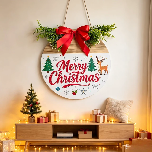 Alt view image 6 of 7 - 12 Inch Wooden Christmas Door Hanger Santa Reindeer Wreath Front Door Sign | With Red Bow, Pine Greenery, Indoor & Outdoor Wall Hanging Decor for Porch, Window Christmas Decorations