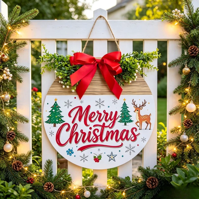 Alt view image 7 of 7 - 12 Inch Wooden Christmas Door Hanger Santa Reindeer Wreath Front Door Sign | With Red Bow, Pine Greenery, Indoor & Outdoor Wall Hanging Decor for Porch, Window Christmas Decorations