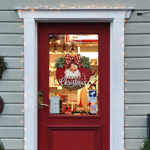 Alt view image 2 of 6 - Christmas Wreath for Front Door, Vintage Christmas Santa Wooden Decor | Merry Christmas Wreath With Santa, Perfect For Christmas Front Door, Porch Entryway Outdoor Halloween Fall Winter Decor